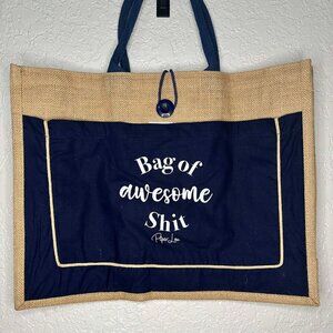 Piper Lou Bag of Awesome Shit Burlap‎ Tote Navy Blue Jute Market Beach Bag Humor